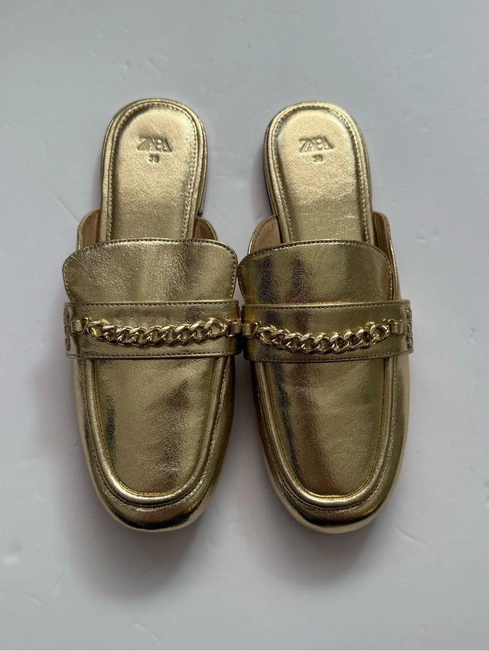 Zara Girls Gold Chain Loafer Mules EU 38 Big Kid 5.5 Never Worn